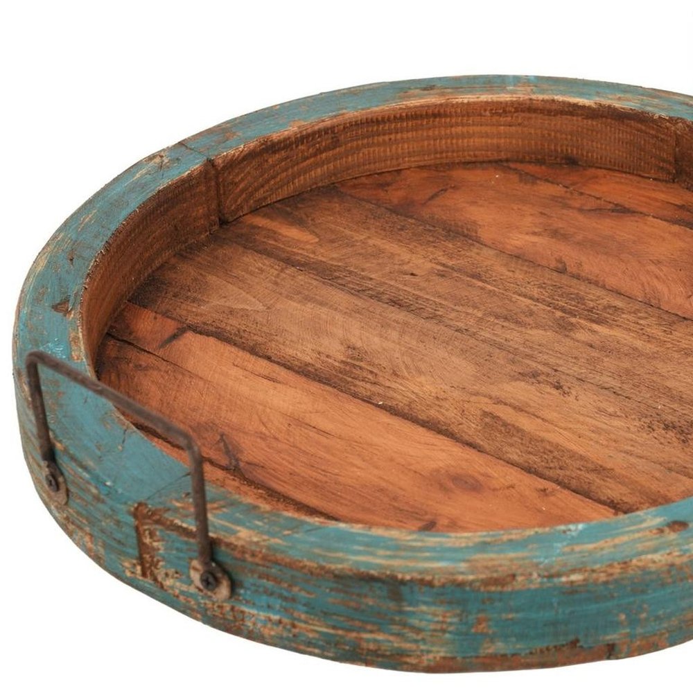 15" Natural Solid Wood Handmade Round Serving Tray With Handles — view 9