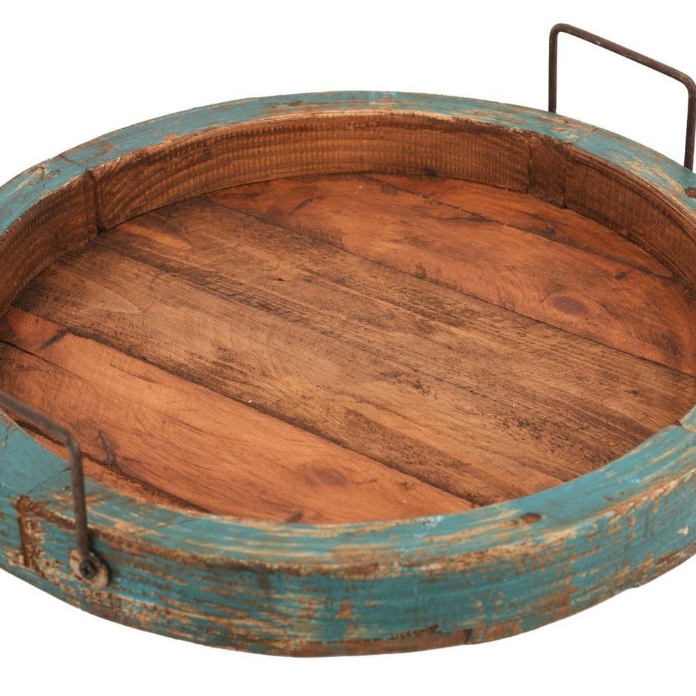 15" Natural Solid Wood Handmade Round Serving Tray With Handles HomeRoots