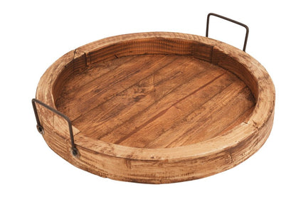 15" Natural Solid Wood Handmade Round Serving Tray With Handles