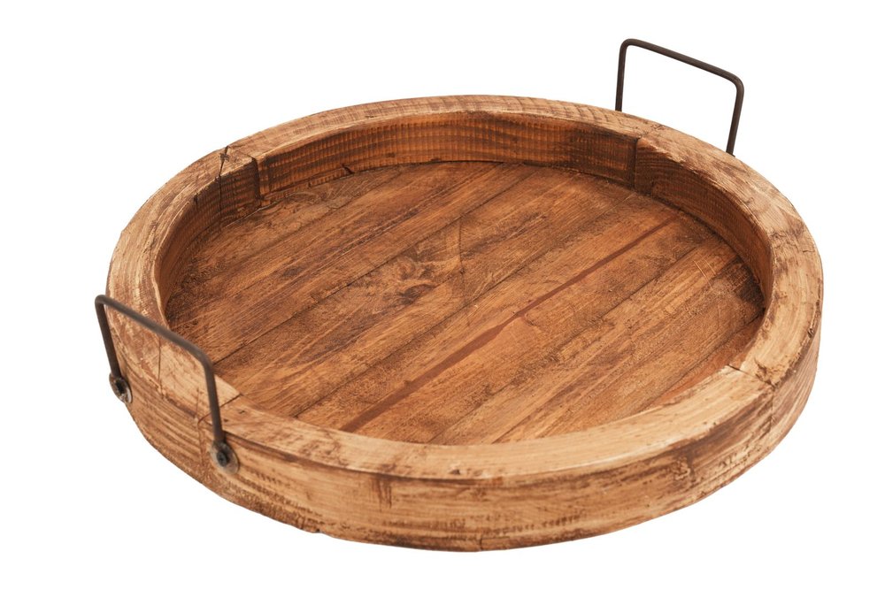 15" Natural Solid Wood Handmade Round Serving Tray With Handles HomeRoots