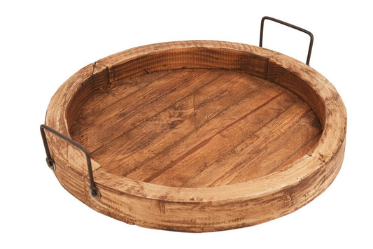 15" Natural Solid Wood Handmade Round Serving Tray With Handles HomeRoots