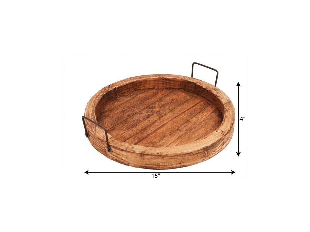 15" Natural Solid Wood Handmade Round Serving Tray With Handles — view 6
