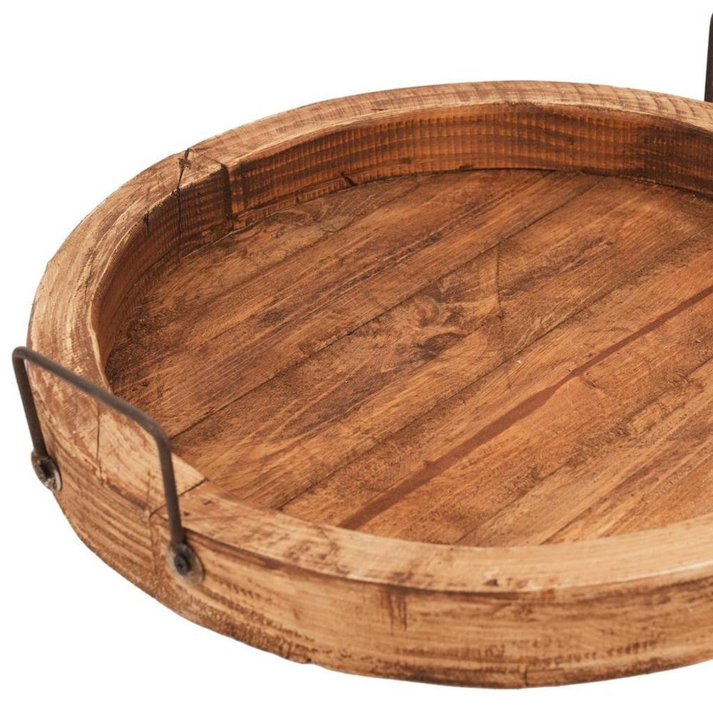15" Natural Solid Wood Handmade Round Serving Tray With Handles HomeRoots