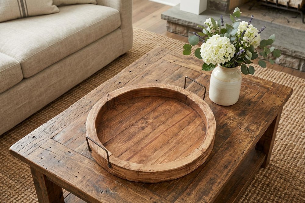 15" Natural Solid Wood Handmade Round Serving Tray With Handles — view 1