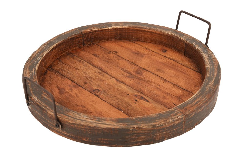 15" Natural Solid Wood Handmade Round Serving Tray With Handles HomeRoots
