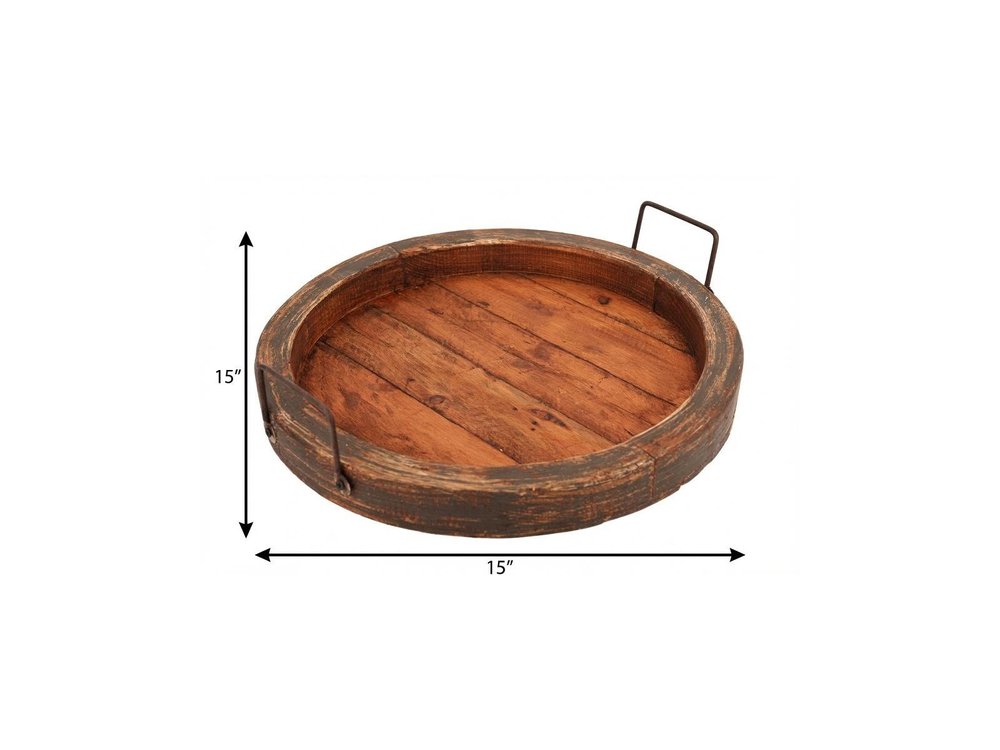 15" Natural Solid Wood Handmade Round Serving Tray With Handles — view 16