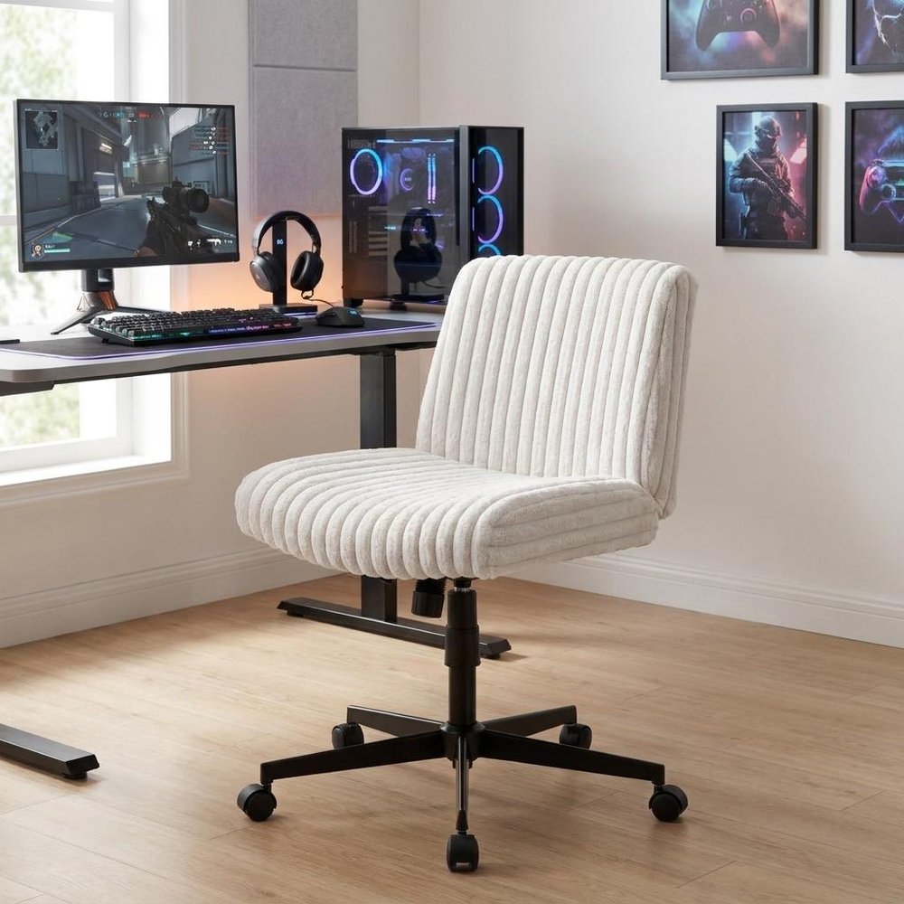 Ivory And Black Adjustable Height Faux Fur Swivel Rolling Gaming Chair HomeRoots