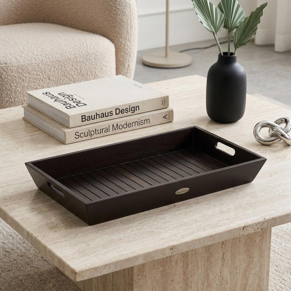 26" Black Solid Wood Handmade Serving Tray With Handles — view 5
