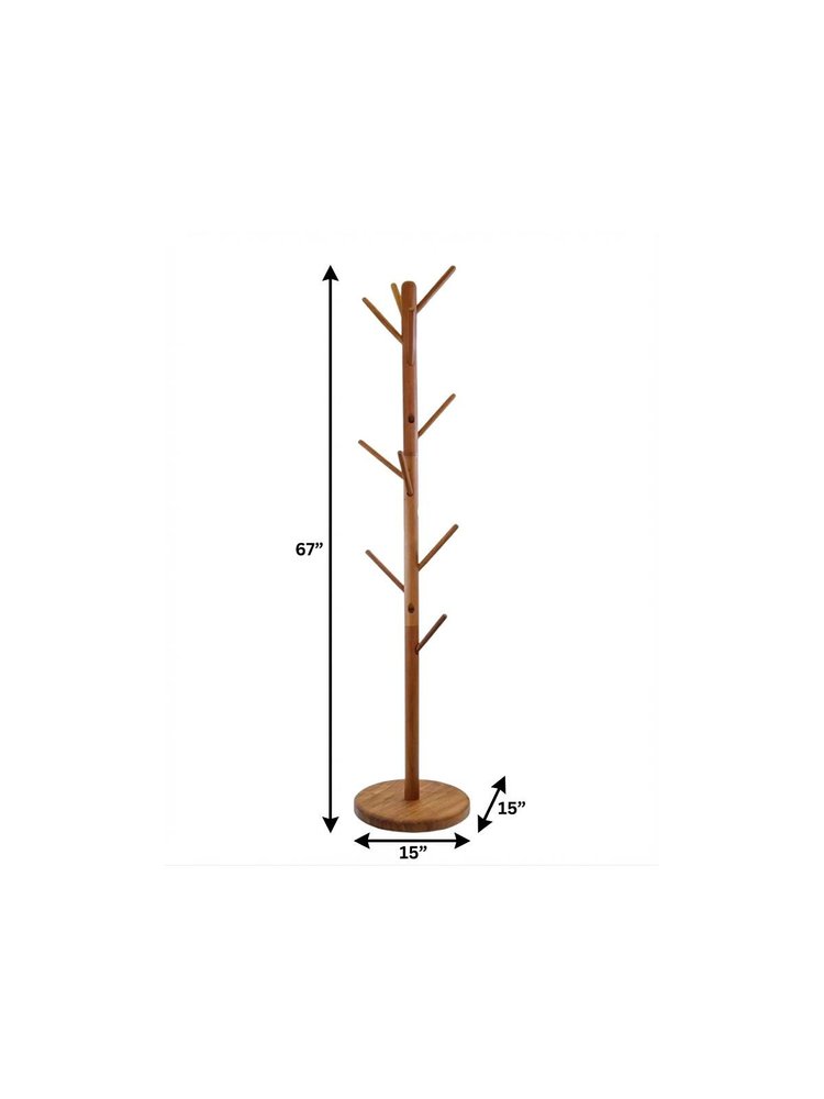 67" Brown Solid Wood Ten Hook Freestanding Coat Rack HomeRoots
