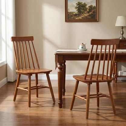 Set of Two Walnut Solid Wood Windsor Back Dining Side Chairs
