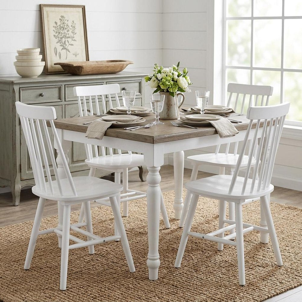 Set of Four White Solid Wood Windsor Back Dining Side Chairs — view 9