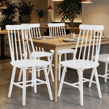 Set of Four White Solid Wood Windsor Back Dining Side Chairs
