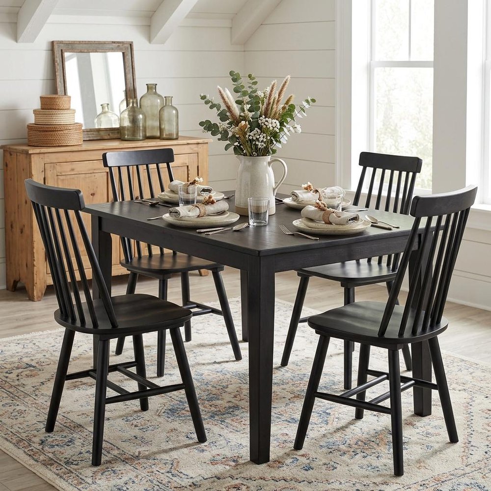 Set of Four Black Solid Wood Windsor Back Dining Side Chairs — view 7