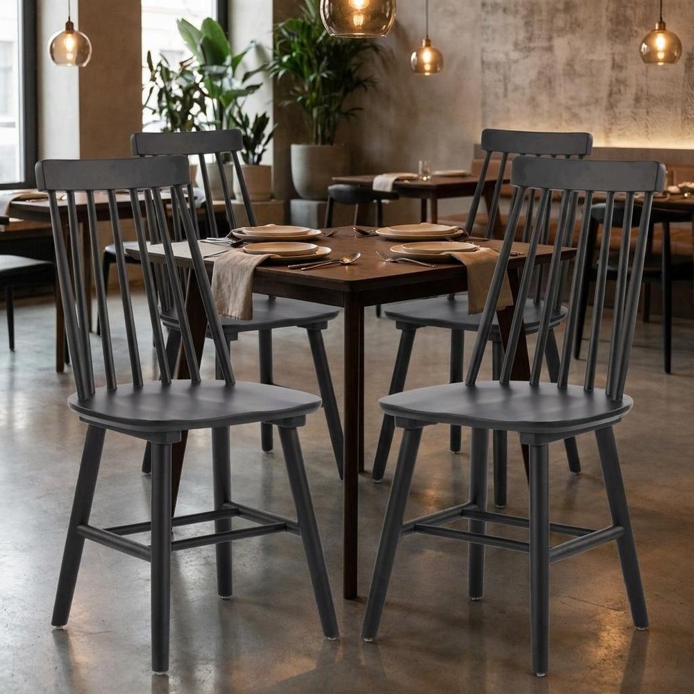Set of Four Black Solid Wood Windsor Back Dining Side Chairs — view 9