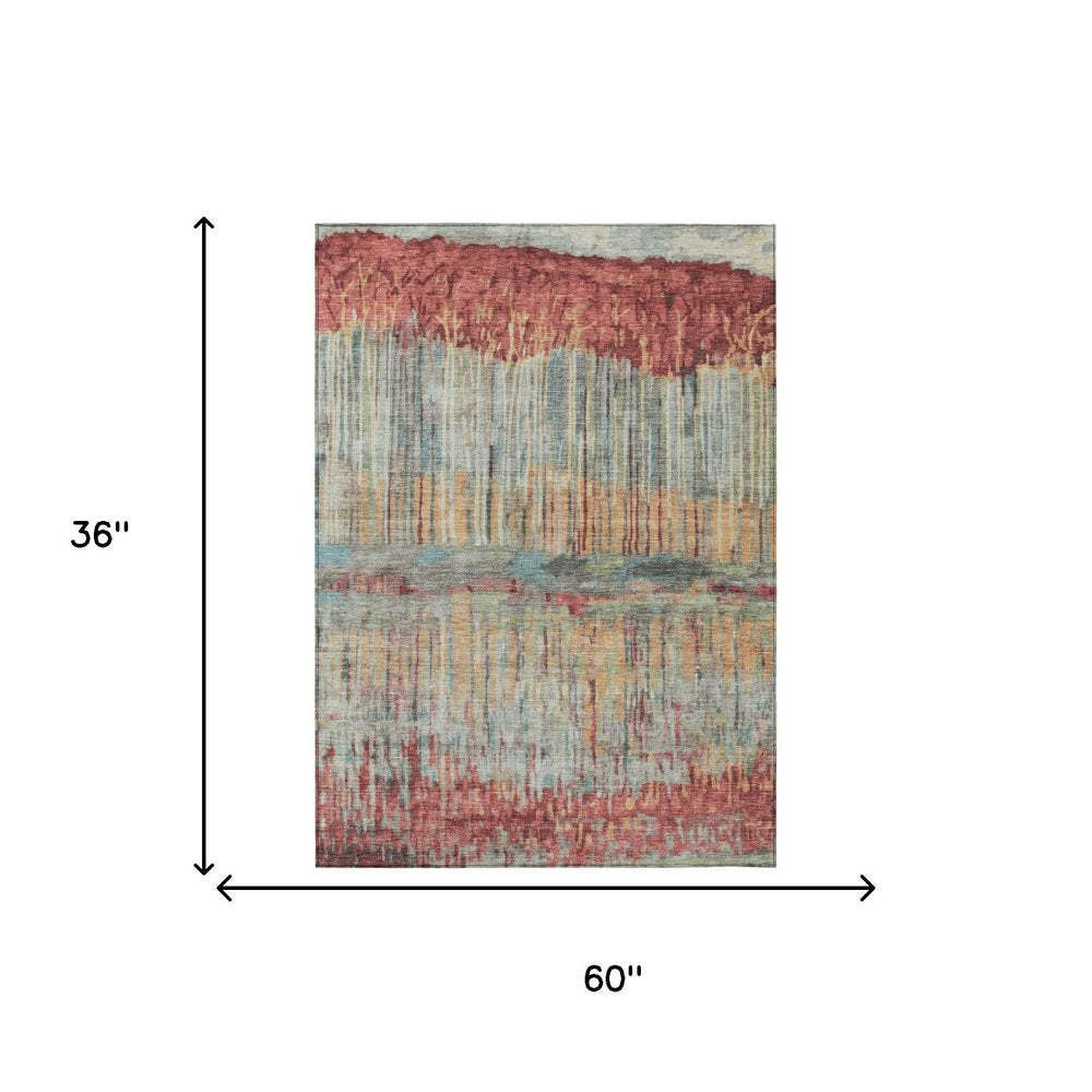 3' X 5' Coral And Sage Abstract Washable Indoor Outdoor Area Rug HomeRoots