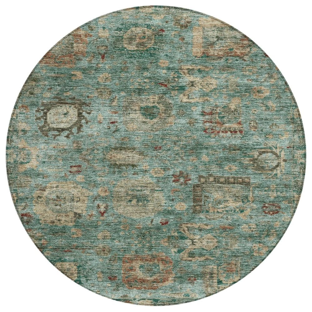 8' Blue And Teal Blue Round Abstract Washable Indoor Outdoor Area Rug HomeRoots