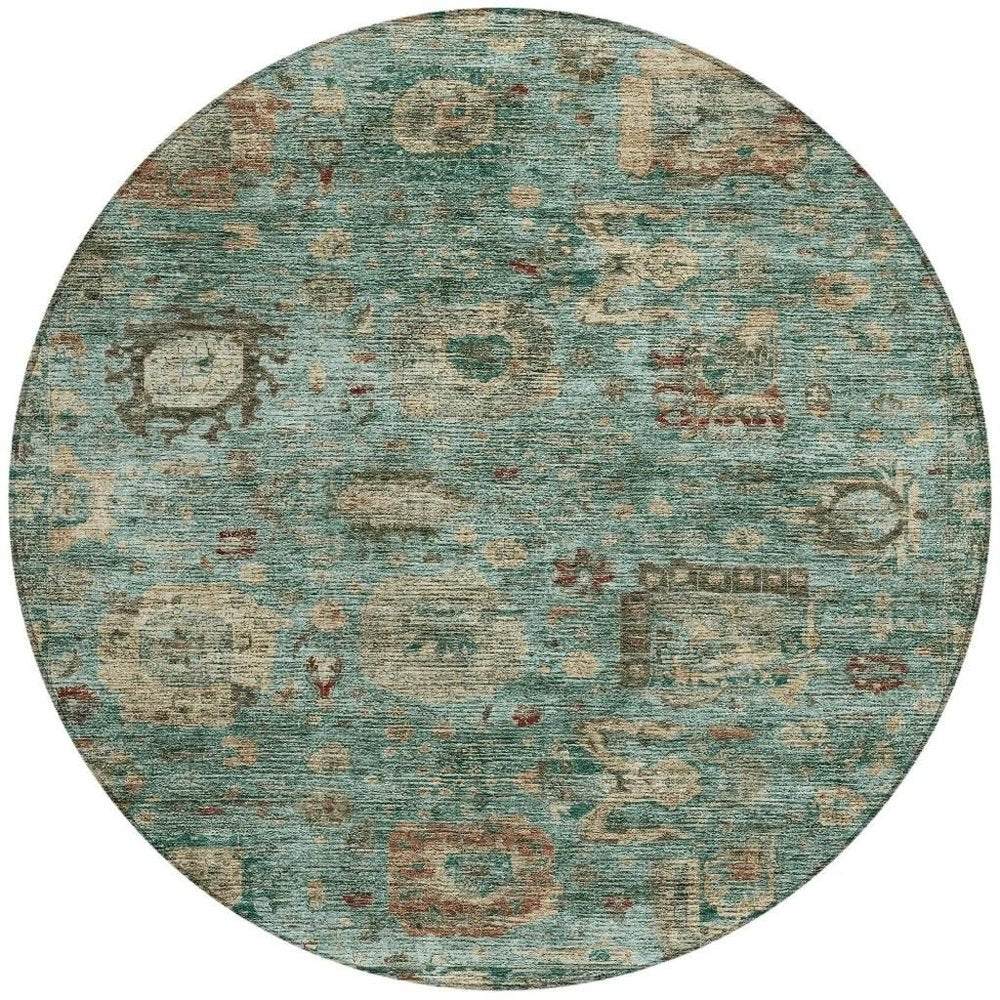 8' Blue And Teal Blue Round Abstract Washable Indoor Outdoor Area Rug HomeRoots