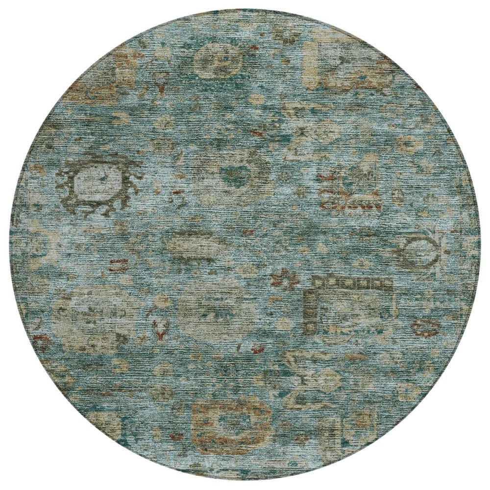 8' Teal Blue And Aqua Round Abstract Washable Indoor Outdoor Area Rug HomeRoots