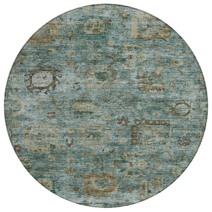 8' Teal Blue And Aqua Round Abstract Washable Indoor Outdoor Area Rug HomeRoots
