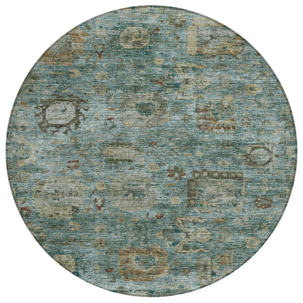 8' Teal Blue And Aqua Round Abstract Washable Indoor Outdoor Area Rug HomeRoots