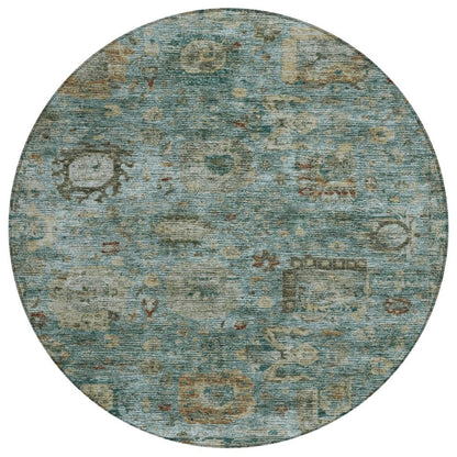 8' Teal Blue And Aqua Round Abstract Washable Indoor Outdoor Area Rug HomeRoots