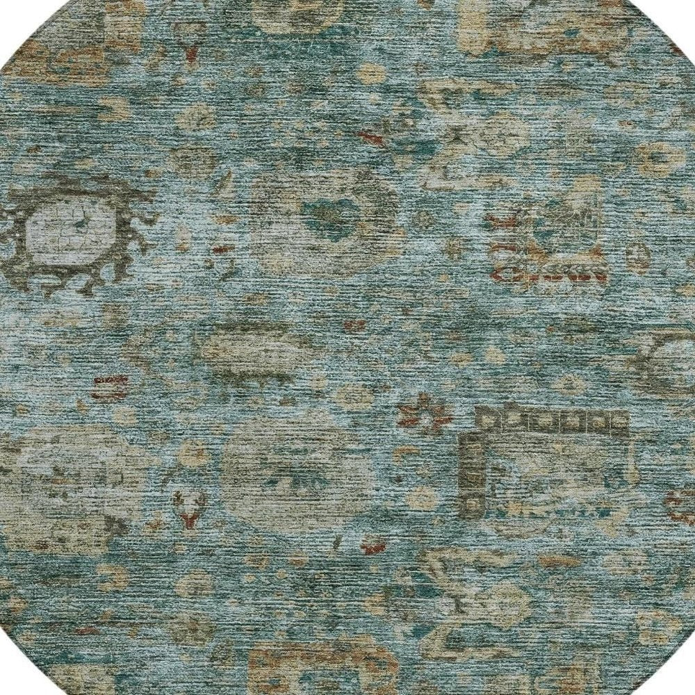 8' Teal Blue And Aqua Round Abstract Washable Indoor Outdoor Area Rug HomeRoots