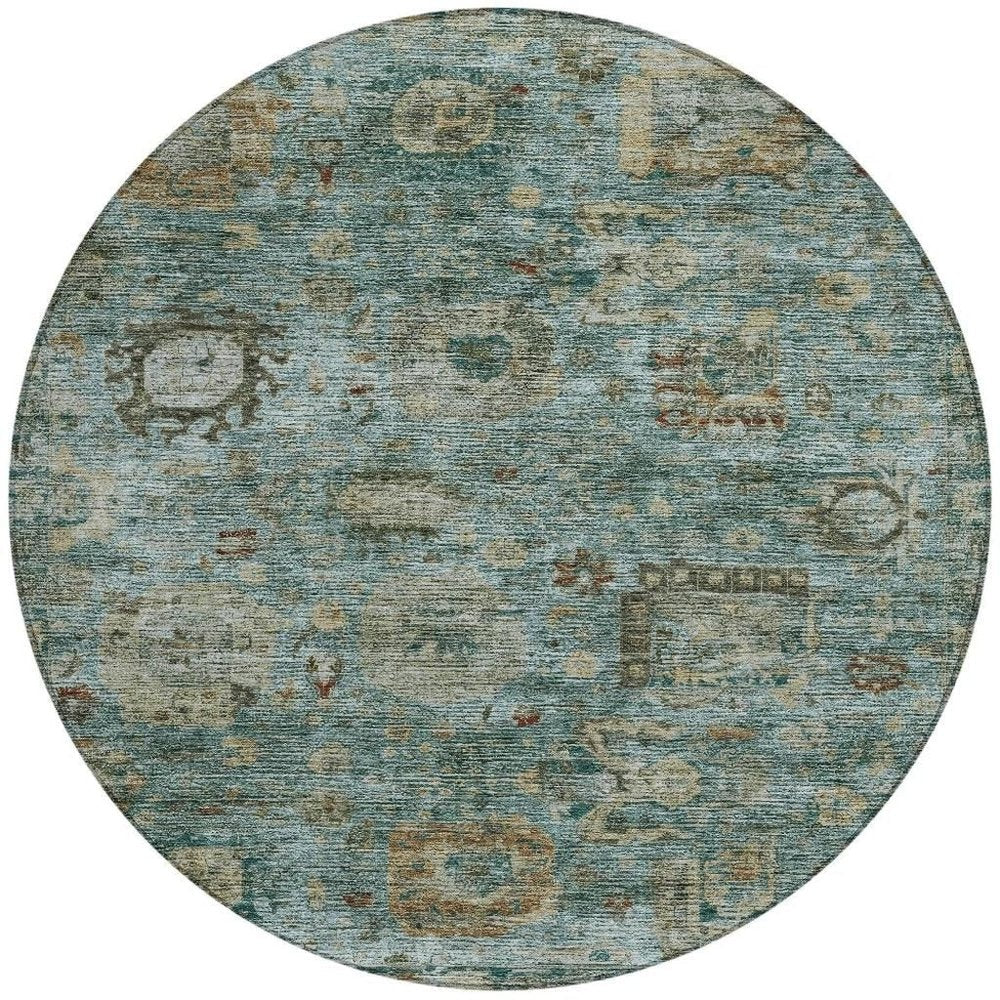 8' Teal Blue And Aqua Round Abstract Washable Indoor Outdoor Area Rug HomeRoots