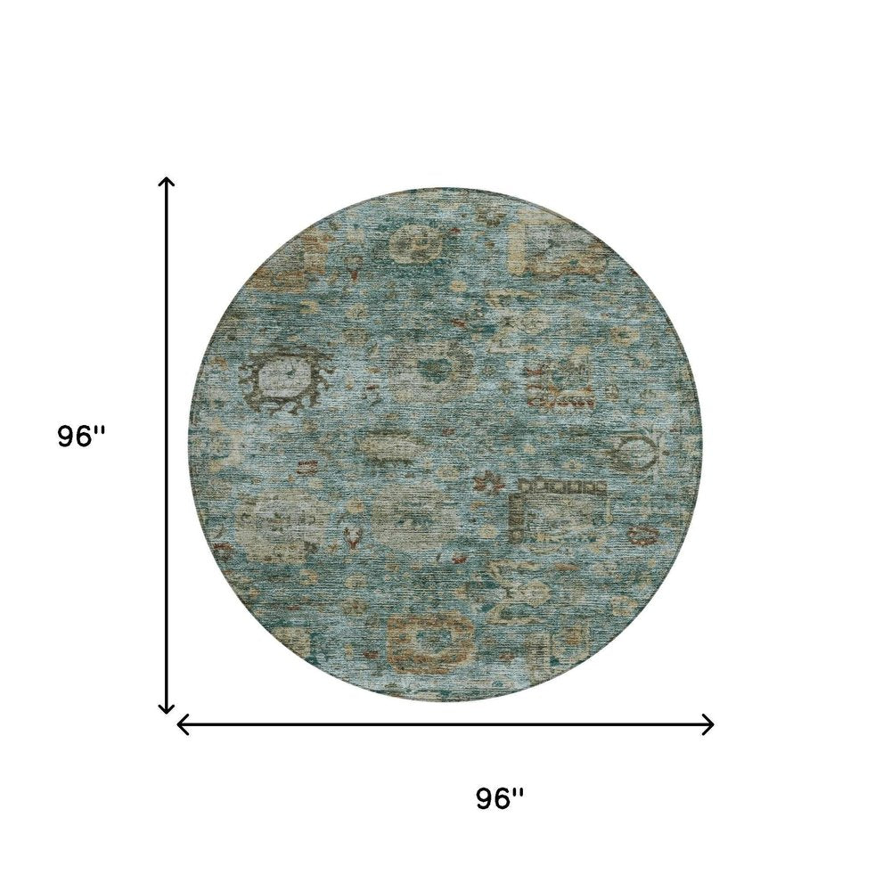 8' Teal Blue And Aqua Round Abstract Washable Indoor Outdoor Area Rug HomeRoots