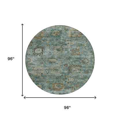 8' Teal Blue And Aqua Round Abstract Washable Indoor Outdoor Area Rug HomeRoots