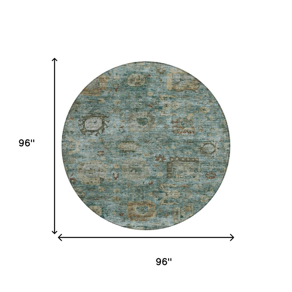 8' Teal Blue And Aqua Round Abstract Washable Indoor Outdoor Area Rug HomeRoots