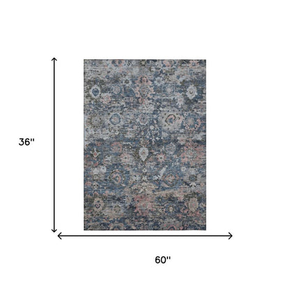 3' X 5' Denim Blue And Blue Floral Washable Indoor Outdoor Area Rug HomeRoots