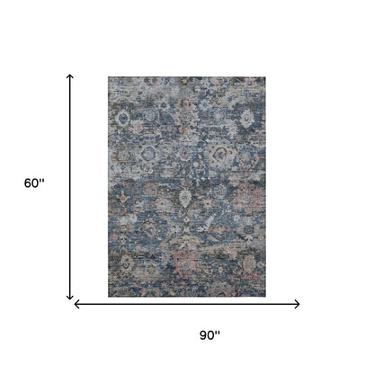 5' X 8' Denim Blue And Blue Floral Washable Indoor Outdoor Area Rug