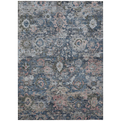5' X 8' Denim Blue And Blue Floral Washable Indoor Outdoor Area Rug