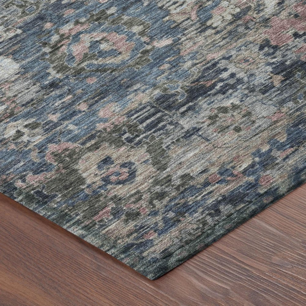 5' X 8' Denim Blue And Blue Floral Washable Indoor Outdoor Area Rug