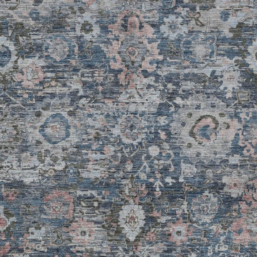 5' X 8' Denim Blue And Blue Floral Washable Indoor Outdoor Area Rug