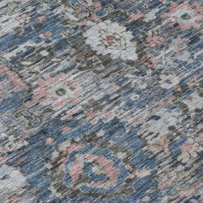 5' X 8' Denim Blue And Blue Floral Washable Indoor Outdoor Area Rug