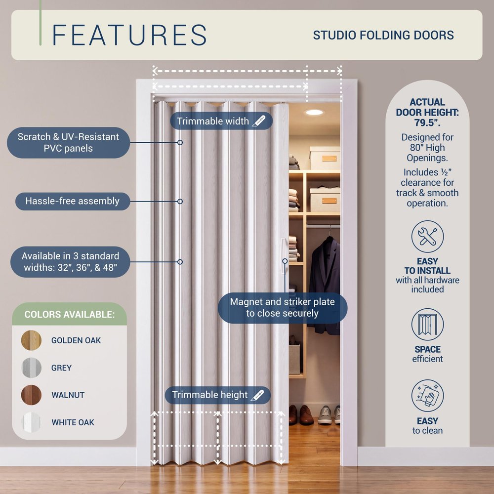 80" X 48" White PVC Accordion Door