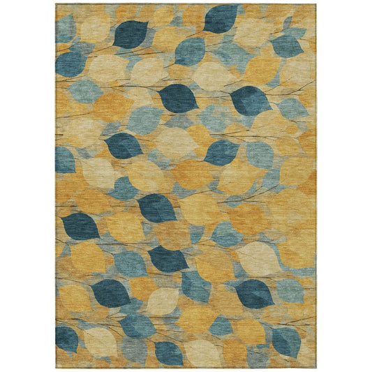 9' X 12' Gold And Wheat Floral Washable Indoor Outdoor Area Rug