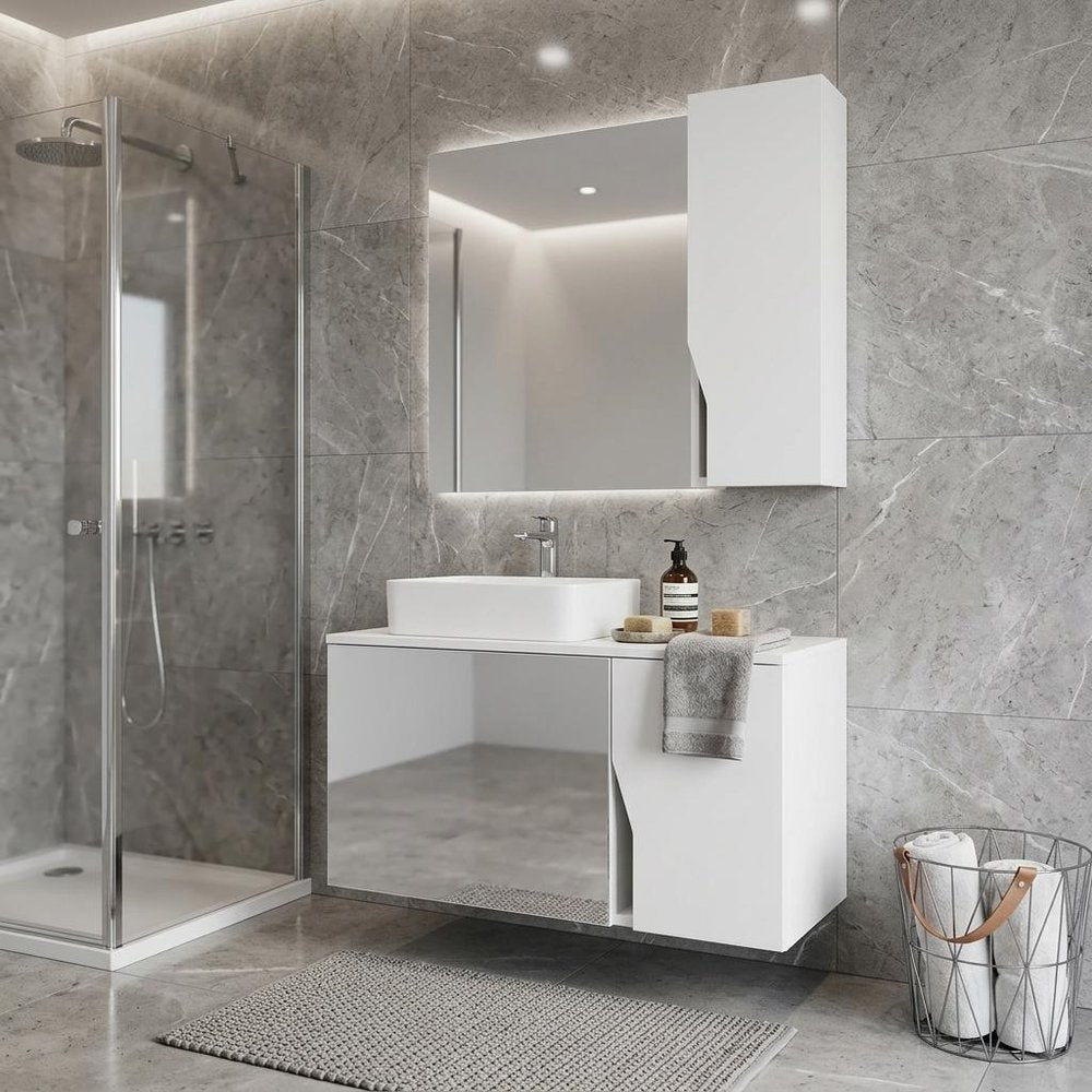 7" White Wood Floating Double Door Bathroom Vanity And Medicine Cabinet With Mirror — view 7