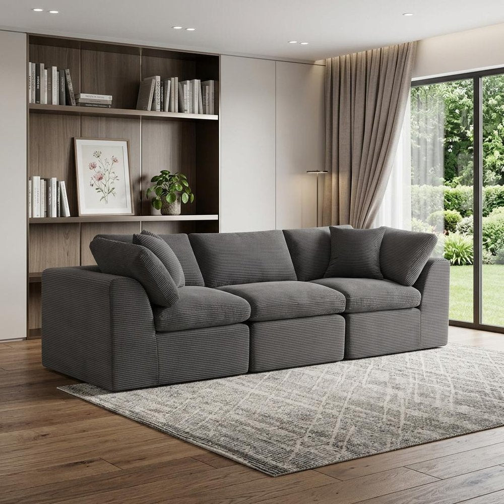 108" Dark Gray Corduroy Modular Sofa With Toss Pillows — view 7