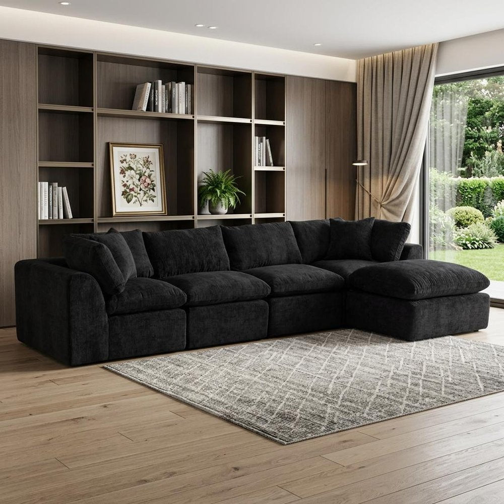 138" Black Chenille Modular Sofa With Ottoman And Toss Pillows — view 7