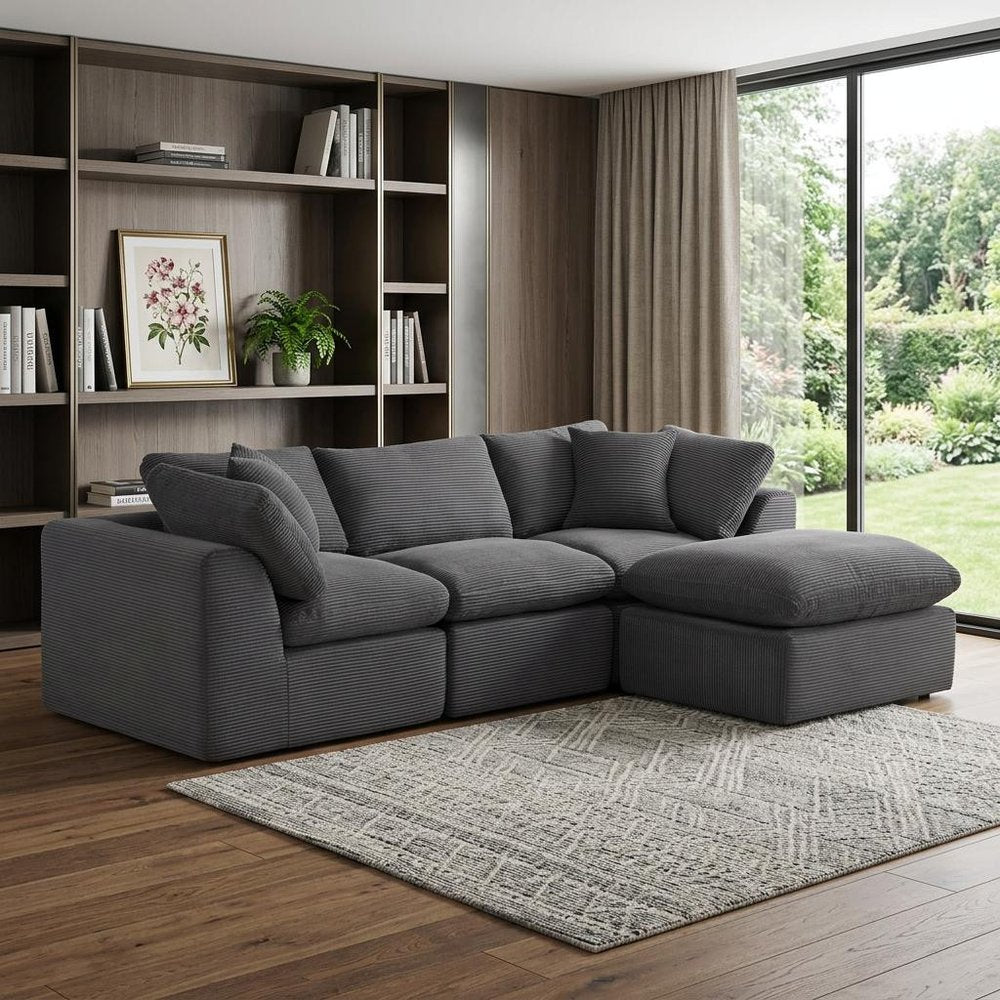 108" Dark Gray Corduroy Modular Sofa With Ottoman And Toss Pillows — view 5