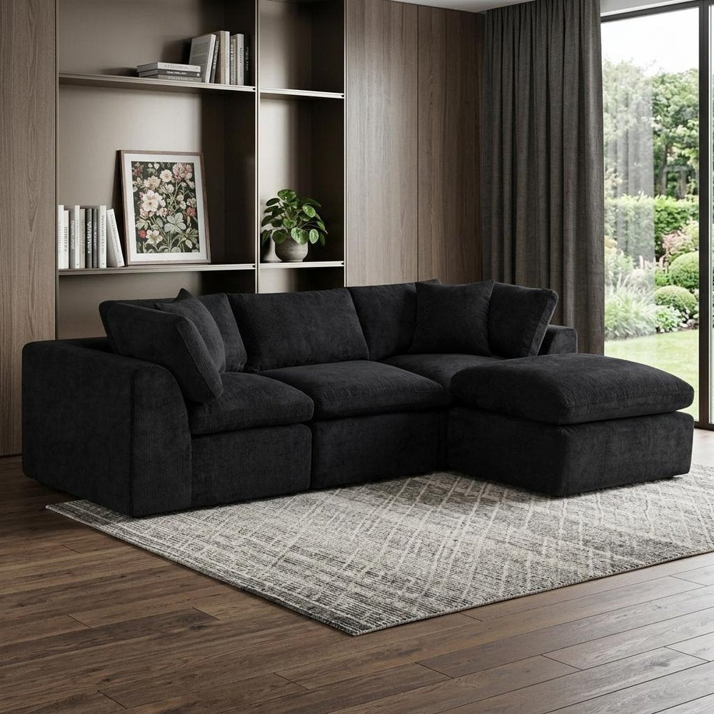 108" Black Chenille Modular Sofa With Ottoman And Toss Pillows — view 7
