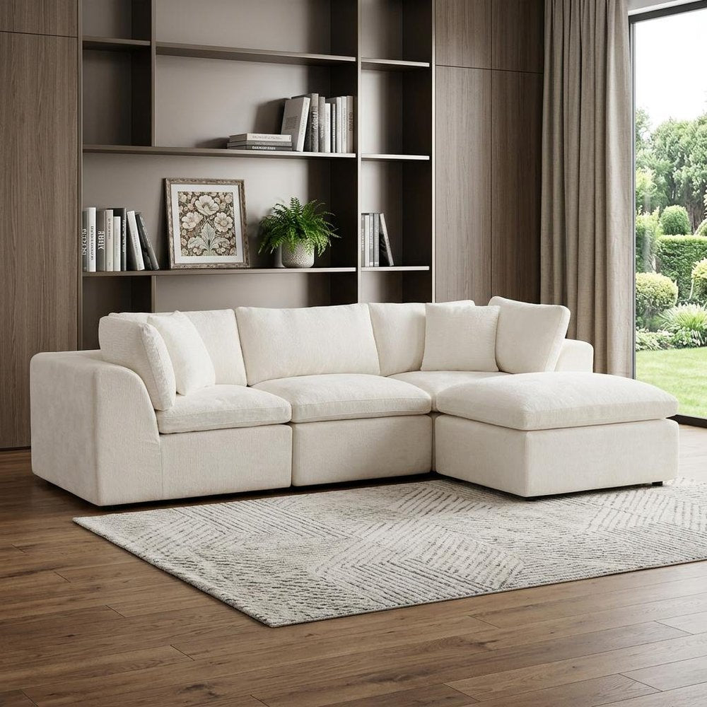 108" Beige Chenille Modular Sofa With Ottoman And Toss Pillows — view 6