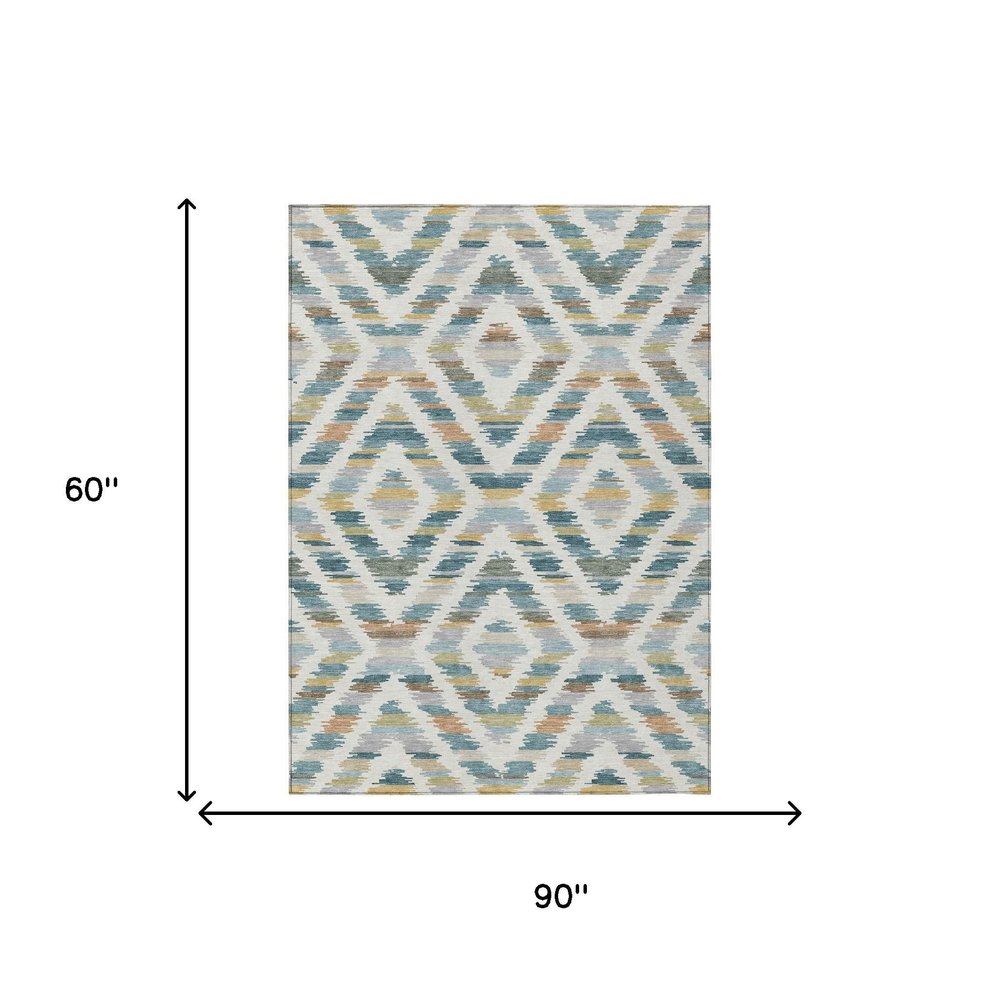 5' X 8' Teal Blue And Copper Tribal Washable Indoor Outdoor Area Rug HomeRoots