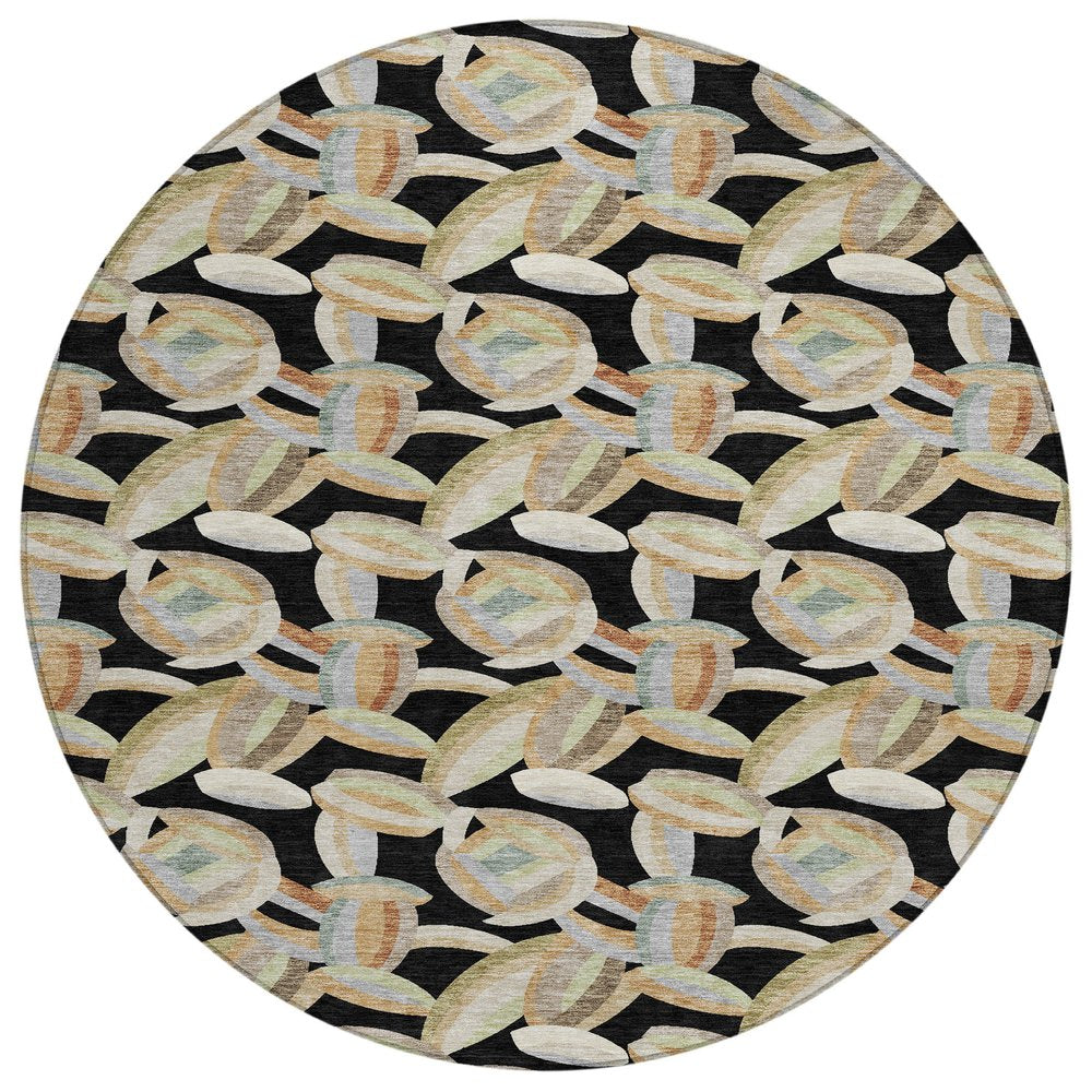 8' Black And Ivory Round Abstract Washable Indoor Outdoor Area Rug HomeRoots