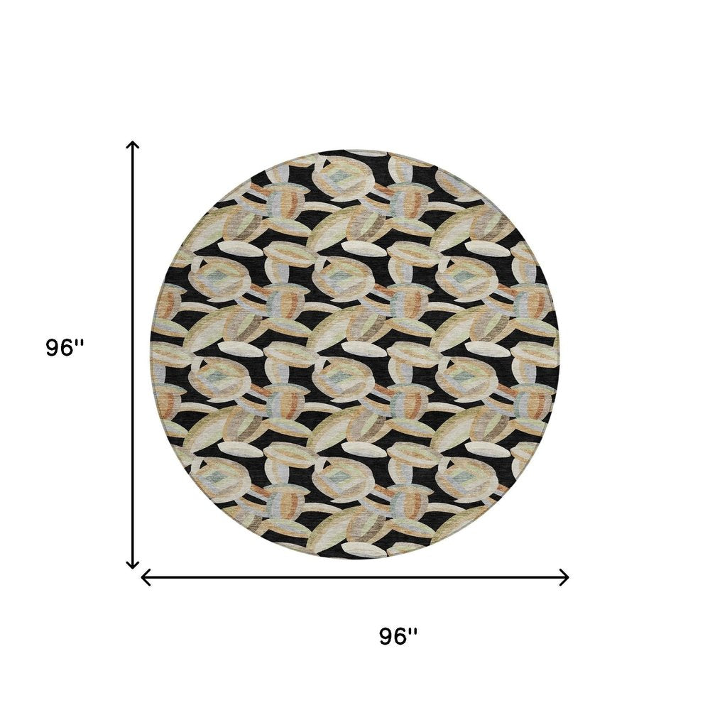 8' Black And Ivory Round Abstract Washable Indoor Outdoor Area Rug HomeRoots
