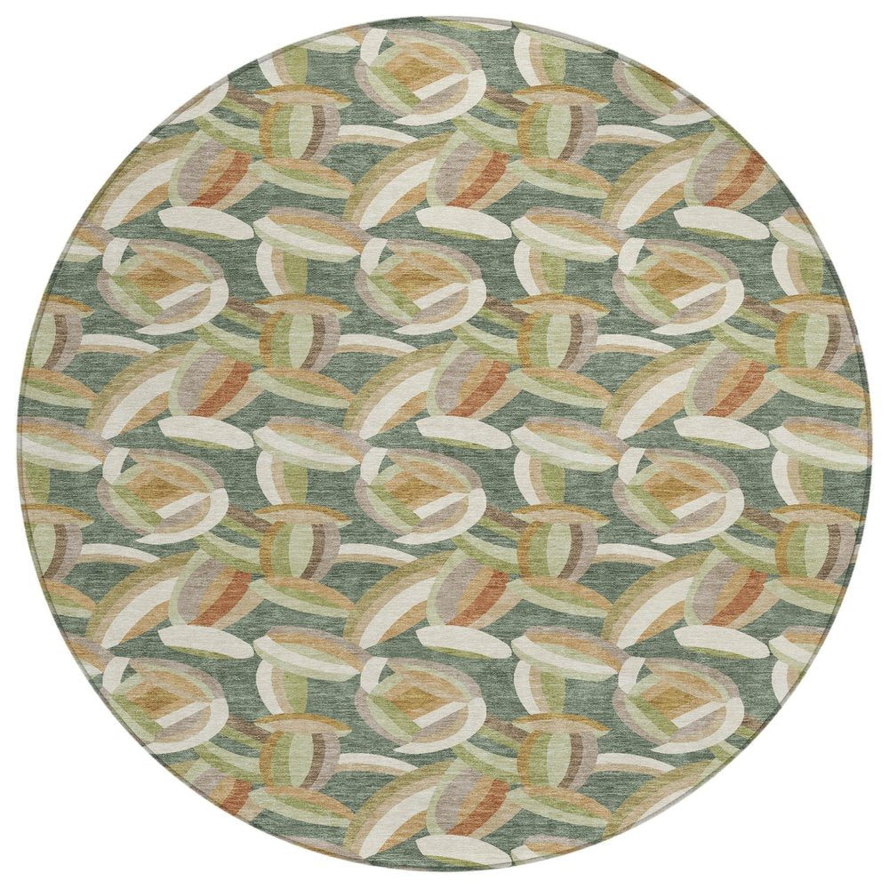 8' Green And Ivory Round Abstract Washable Indoor Outdoor Area Rug HomeRoots