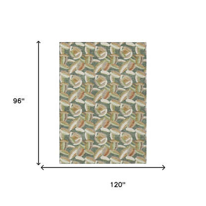 8' X 10' Green And Ivory Abstract Washable Indoor Outdoor Area Rug