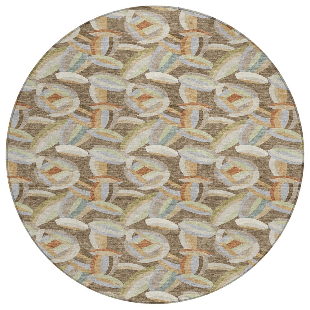 8' Brown And Ivory Round Abstract Washable Indoor Outdoor Area Rug HomeRoots